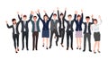 Group of happy businessman and businesswoman team raising hand celebrating success in flat icon design