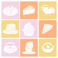 Cups and cakes line illustrations set. Hand drawn sweets and coffee elements