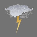 Clouds and lightning on gray background. Vector hand drawn illustration Royalty Free Stock Photo
