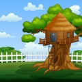 Cartoon of Wooden treehouse in the garden