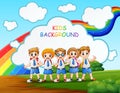 Happy girl and boy in school uniform with rainbow background Royalty Free Stock Photo