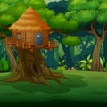Scene with wooden treehouse in the middle of forest
