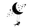 Girl on a swing on moon, vector. Girl silhouette on swing on moon with stars