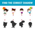 Shadow Matching Game for kids, Visual game for children. Connect the dots picture, happy kids wearing face mask protect covid 19