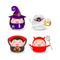 Happy Halloween Party Kids Costume. Group of children in Halloween cosplay. set of Happy Halloween party isolated