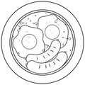 Eggs and sausages dish. Breakfast food with fried eggs and sausages on a plate. Vector black and white coloring page