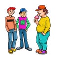 Cartoon Two thin boys and one fat boy eating ice cream Royalty Free Stock Photo