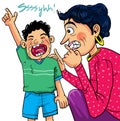 Cartoon the mother trying persuade with her crying boy. Royalty Free Stock Photo