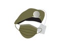 Green military hat, Army identity discs and face mask