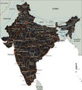 High detailed India road map with labeling.