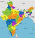 Colorful India political map with clearly labeled, separated layers.