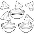 Bowls of avocado guacamole dip, tomato salsa, cheese sauce and tortilla nachos chips. Vector black and white coloring page