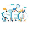 SEO, search engine optimization, keyword research, market research flat vector illustration. SEO word with group of people. Web si