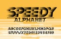 Speedy alphabet font. High speed effect letters and numbers. Abstract background.