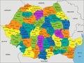 Colorful Romania political map with clearly labeled, separated layers.