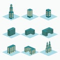 Luxury hotel, twin tower, u shape building, mall, super market vector design - isometric construction building set