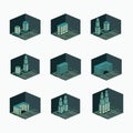 Luxury hotel, twin tower, u shape building, mall, super market vector design - isometric construction building set