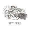 Logo of a farm food store. A grain grower, a farmer with a wheat sheaf in his hands, a character. Graphic element, a linear drawin