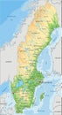 High detailed Sweden physical map with labeling.