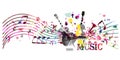 Colorful music promotional poster with music instruments and notes isolated vector illustration. Artistic abstract background for Royalty Free Stock Photo