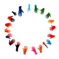 Colorful human hands raised isolated vector illustration. Charity and help, volunteerism, community support and social care concep