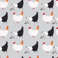 Seamless print of chickens, poultry, roosters and grains on a neutral grey background. Cute graphic elements for textiles, texture
