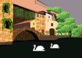 A painting of an ancient neighborhood in Italy near water. Trees, swans, ancient stone houses. The weather is cloudy and the sky i