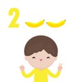 Happy children and hand showing the number two, cute kids showing numbers 2 by fingers. little child study math number count fruit