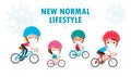 New normal lifestyle concept happy cute diverse family riding bikes wearing medical masks during Coronavirus or covid-19 Social