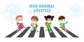 New normal lifestyle concept Back to school happy cute diverse Kids  across the crosswalk and Students of Different nationalities Royalty Free Stock Photo