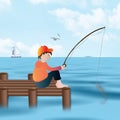 Young Boy Fishing on Pier.  Fish on Line.  Lake View with Boats. Illustration Royalty Free Stock Photo