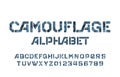 Camouflage alphabet font. Stencil letters and numbers on a white background.