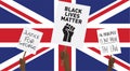 Black lives matter hands holding protest placards on a Union Jack background Royalty Free Stock Photo