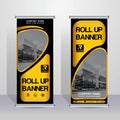 Gold & Black flag banner business brochure flyer design template vector, leaflet cover presentation abstract geometric backgroun. Royalty Free Stock Photo