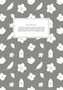 Plant pattern design for journal, diary, notebook cover. French gray background with leaves, flowers and small house