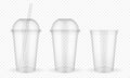 Empty transparent plastic cups with straw on white background