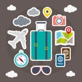 Traveler`s accessories, Set of stickers icon, Vacations time, Journey in holidays, Flat style vector illustration. Royalty Free Stock Photo