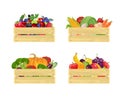 Set of Wooden boxes with different fresh vegetables, berries and fruits Isolated Royalty Free Stock Photo