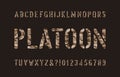 Platoon alphabet font. Stencil camouflage letters and numbers on a dark background.