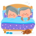 Senior couple in the bedroom at home sleep together. Old man and woman rest in bed. Vector illustration