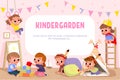 Kids play together in kindergarden. Kindergarden illustration vector. Royalty Free Stock Photo