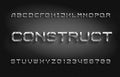 Construct alphabet font. Metal effect letters and numbers with shadow. Abstract background.