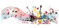 Colorful music promotional poster with music instruments and notes isolated vector illustration. Artistic abstract background for Royalty Free Stock Photo