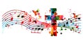 Colorful christian cross with music notes isolated vector illustration. Religion themed background. Design for gospel church music