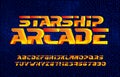 Starship alphabet font. Digital letters and numbers. Pixel background.