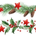 Frame with Christmas Decoration - Holly Leaves, Christmas Tree with Cones and Stars on White Background.