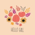 Hello Fall vector pumpkin autumn leaves composition