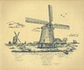 Hand drawn rural landscape. Old craft papet texture background. Vintage windmills, river, barn, cows, sky with clouds, boat.