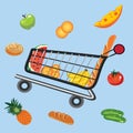 Food cart around food on a blue background cartoon vector