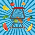 Supermarket cart background comic cartoon vector